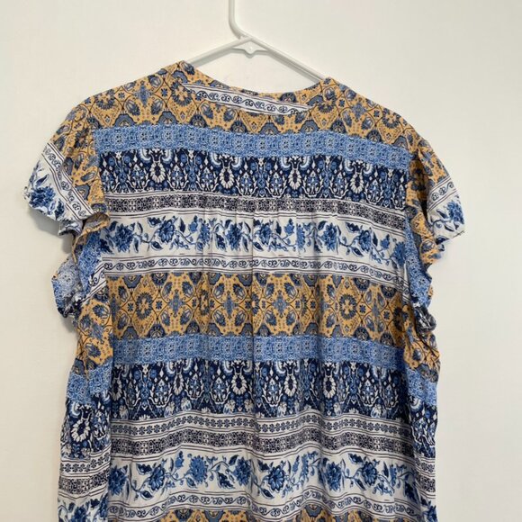 MACKENZIE JAMES Plus Size Blue White Floral Striped Boho Tie Neck Peasant Blouse - Picture 10 of 13